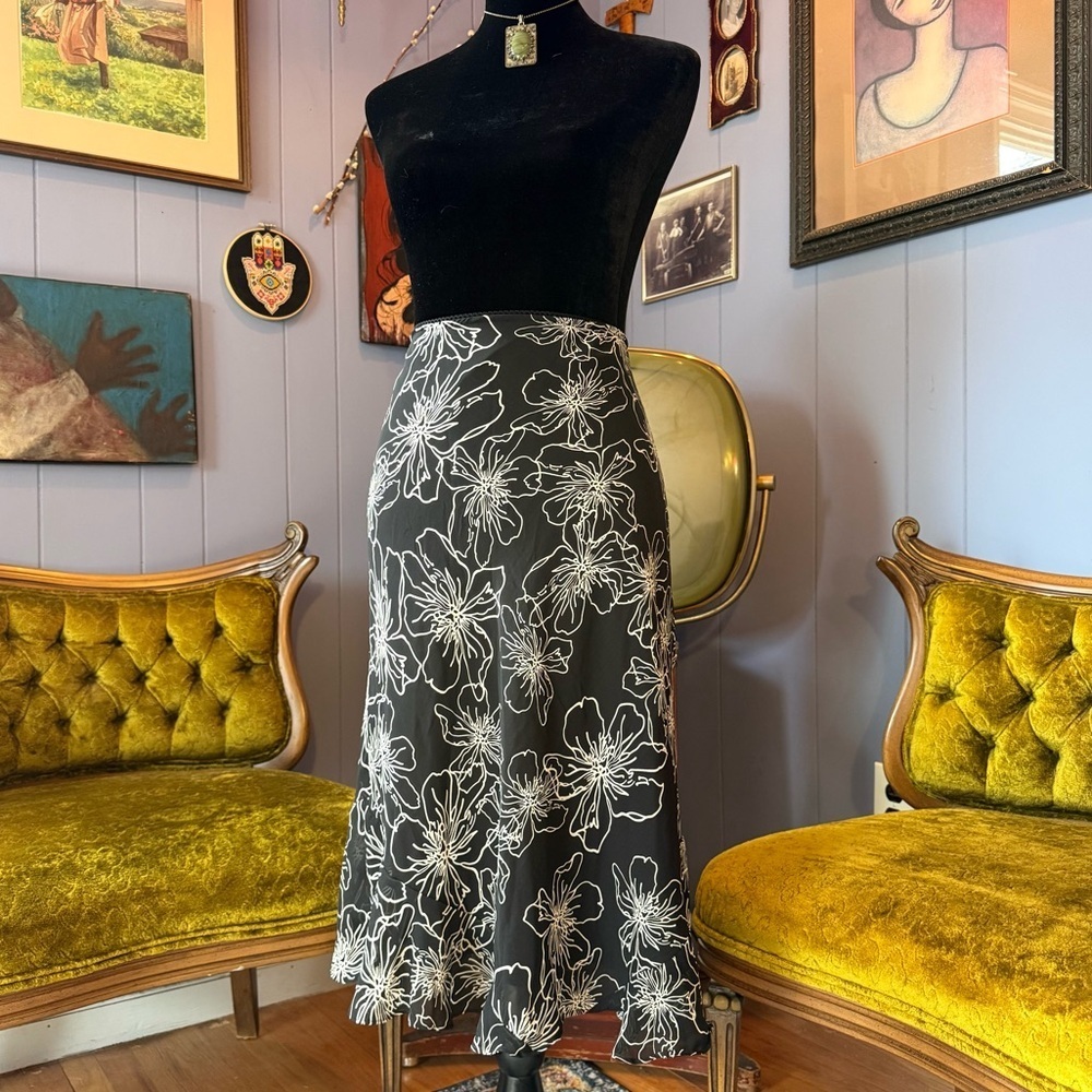 Vintage Y2k Notations Black Floral Fairy Grunge Whimsigoth Midi Skirt Size L